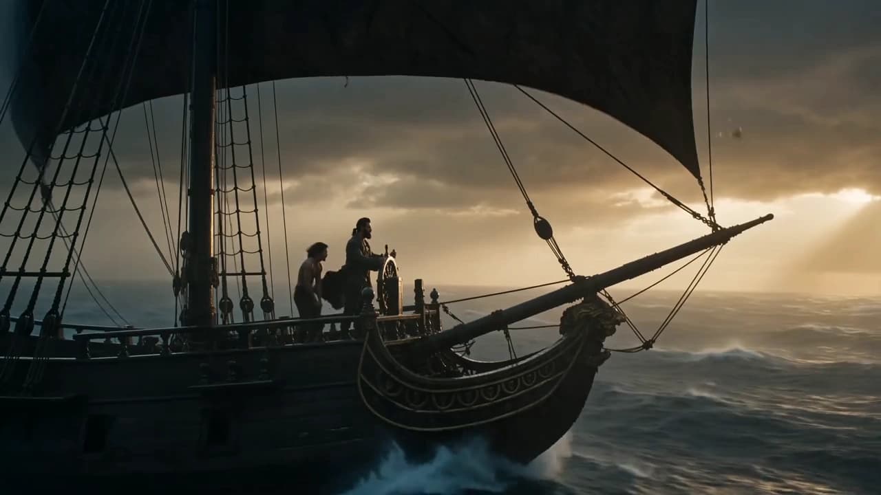A sailing ship on a rough sea under a stormy, sunlit sky, from Filmito's Be The Kaptaan brand film