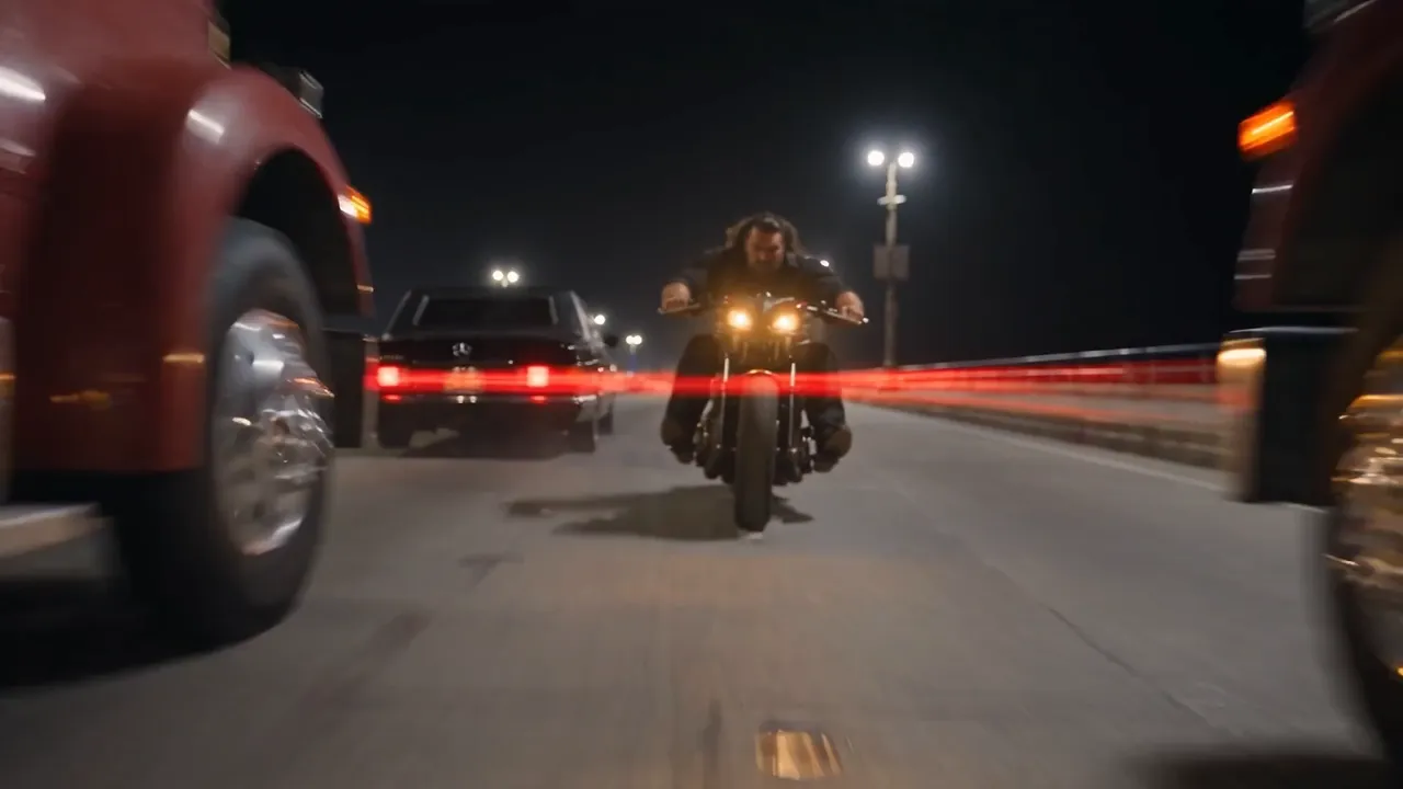 A motorcycle races between cars in Good Men, Bad Habits, a Filmito original.